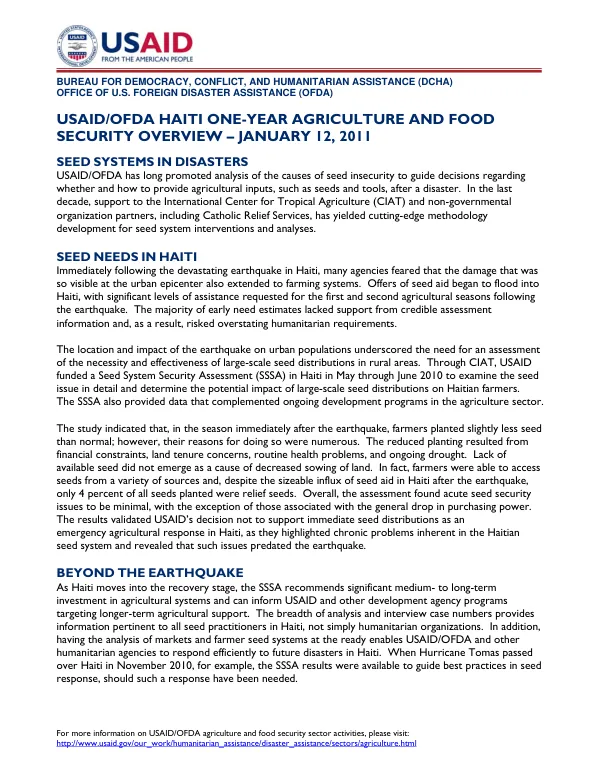 USAID/OFDA Haiti One-Year Agriculture and Food Security Overview