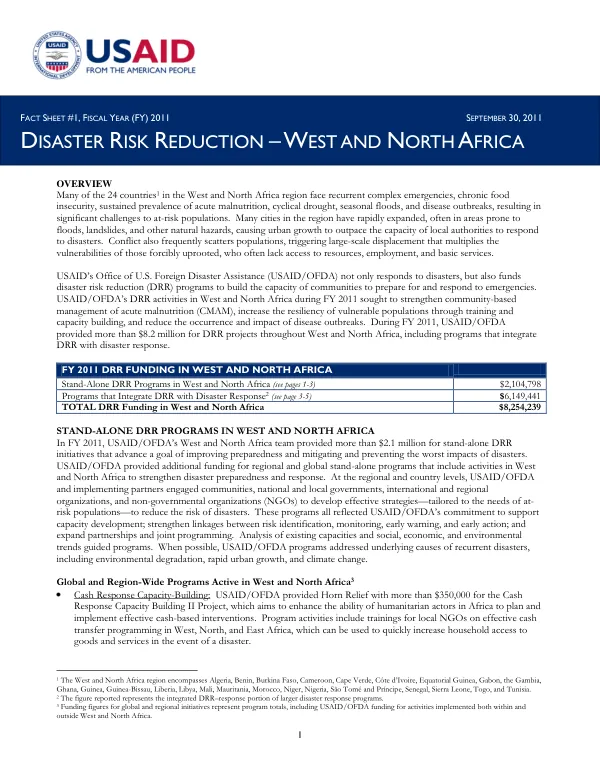 USAID-OFDA Disaster Risk Reduction - West and North Africa Fact sheet #1, FY 2011