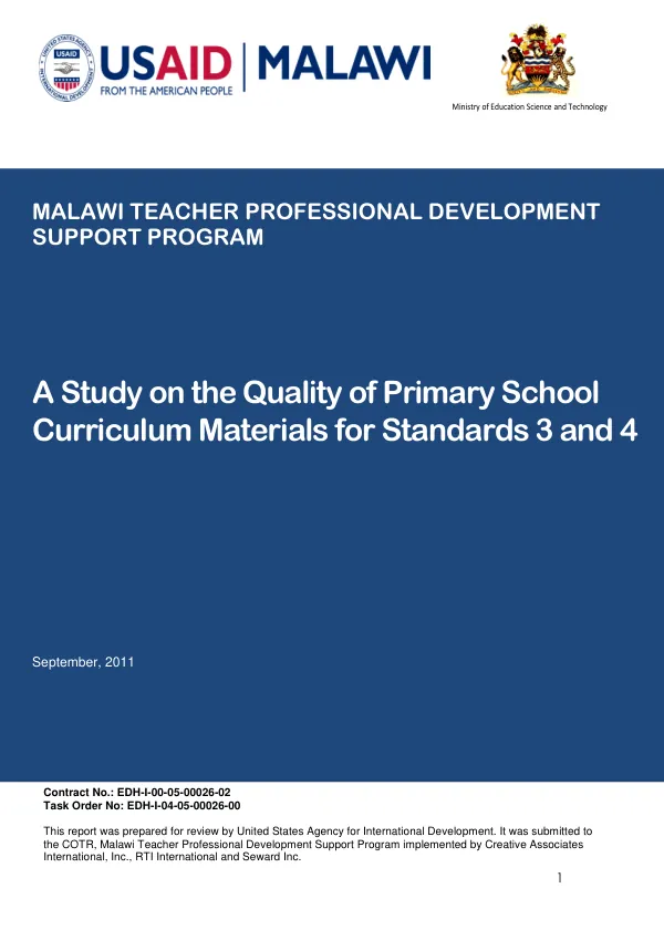Malawi Teacher Professional Development Support Program: A Study on the Quality of Primary School Curriculum Materials for Standards 3 and 4