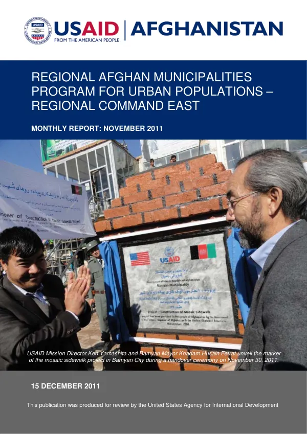 Regional Afghan Municipalities Program for Urban Populations RC East (RAMP UP East) Monthly Report: November 2011