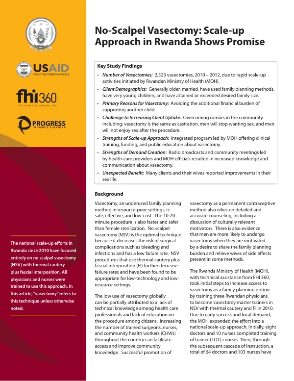 FHI 360. No-Scalpel Vasectomy: Scale-up Approach in Rwanda Shows Promise.