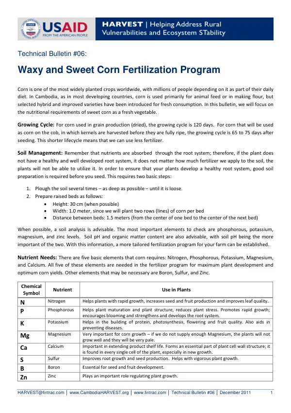 Waxy and Sweet Corn Fertilization Program