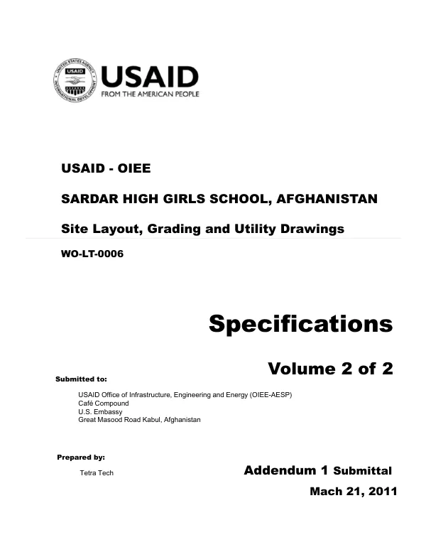Addendum 1 Submittal for Sardar Girls High School, Kabul, Afghanistan