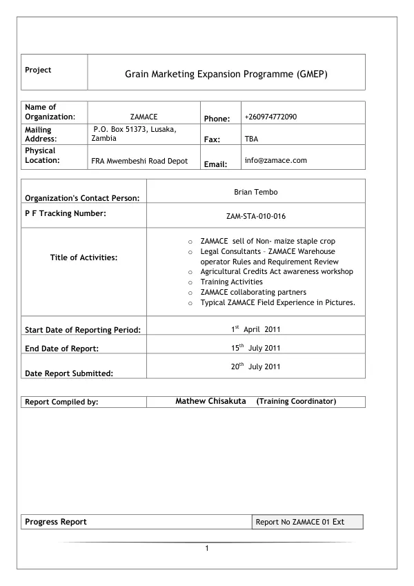 Grain Marketing Expansion Programme (GMEP) Progress Report
