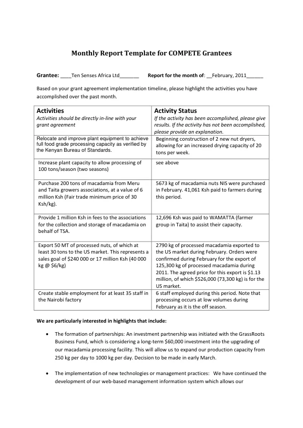 Monthly Report Template for COMPETE Grantees
