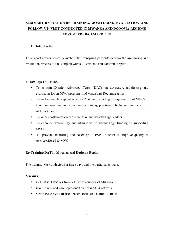 Summary Report on Re-training, Monitoring, Evaluation and Follow-up Visit Conducted in Mwanza and Dodoma Regions
