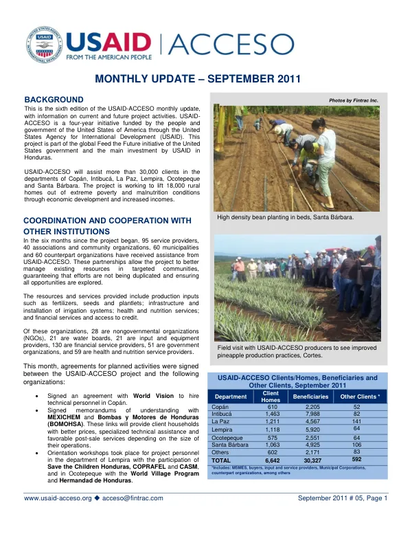 Monthly Update – September 2011: USAID-ACCESO Clients/Homes, Beneficiaries and Other Clients