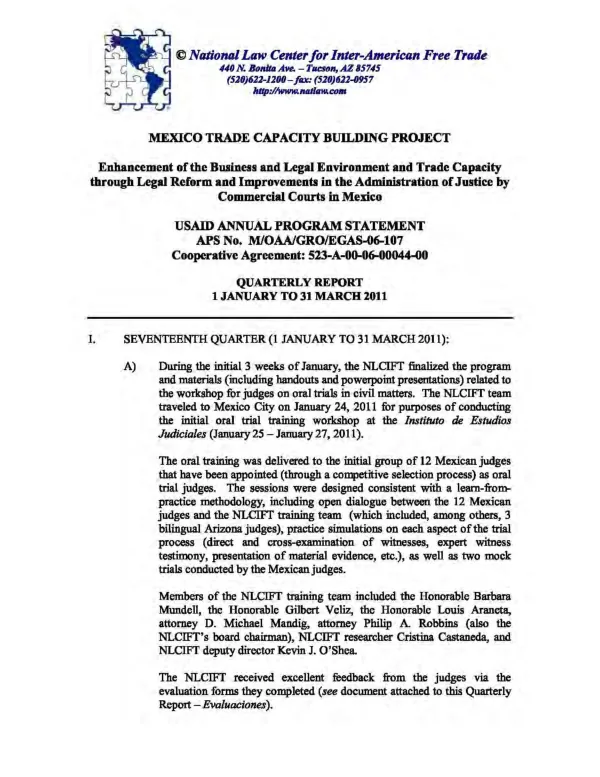 Mexico Trade Capacity Building Project: Enhancement of the Business and Legal Environment and Trade Capacity through Legal Reform and Improvements in the Administration of Justice by Commercial Courts in Mexico