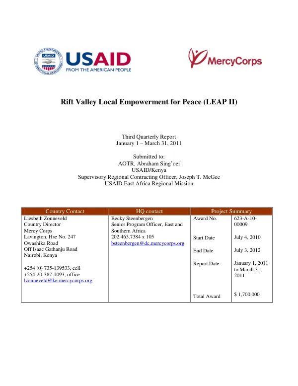 Rift Valley Local Empowerment for Peace (LEAP II) Third Quarterly Report January 1 – March 31, 2011