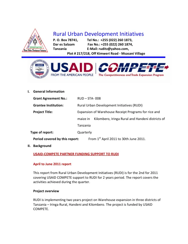Expansion of Warehouse Receipt Programs for rice and maize in Kilombero, Iringa Rural and Handeni districts of Tanzania