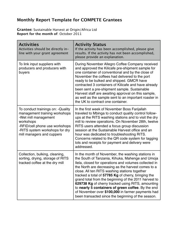 Monthly Report Template for COMPETE Grantees