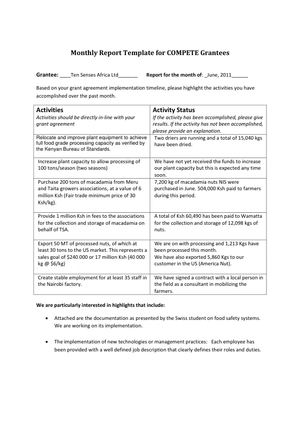 Monthly Report Template for COMPETE Grantees