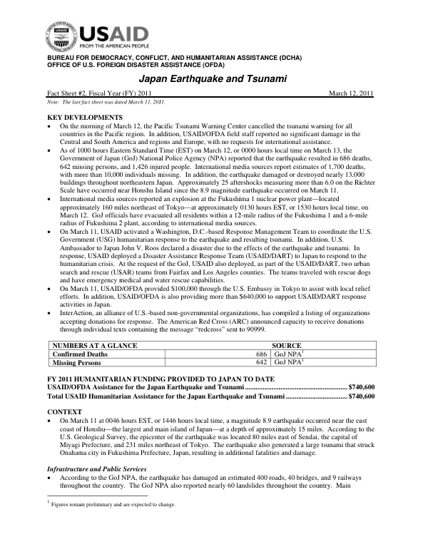 USAID-DCHA Japan Earthquake and Tsunami Fact Sheet #2L