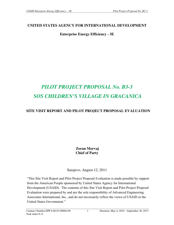 USAID Enterprise Energy Efficiency – 3E Pilot Project Proposal No. B3-3