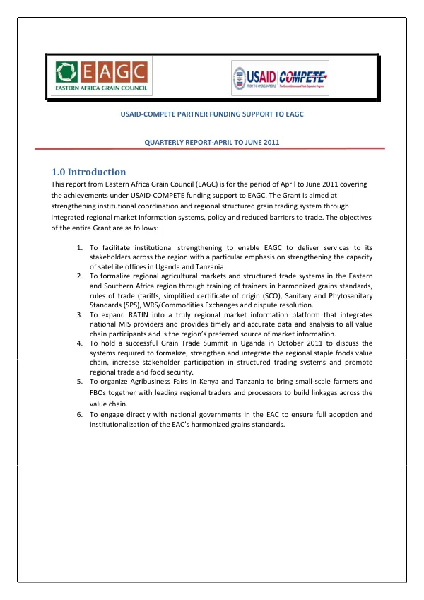USAID-COMPETE Partner Funding Support to EAGC Quarterly Report - April to June 2011