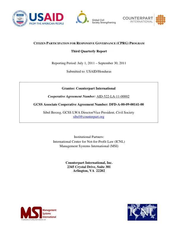 Third Quarterly Report: Citizen Participation for Responsive Governance (CPRG) Program