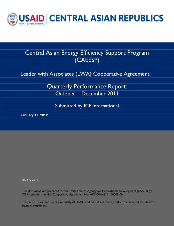 Quarterly Performance Report: October – December 2011 for Central Asian Energy Efficiency Support Program (CAEESP)