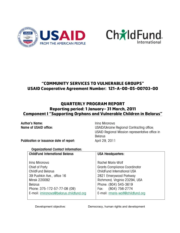 Community Services to Vulnerable Groups: OVC Quarterly Report January-March 2011