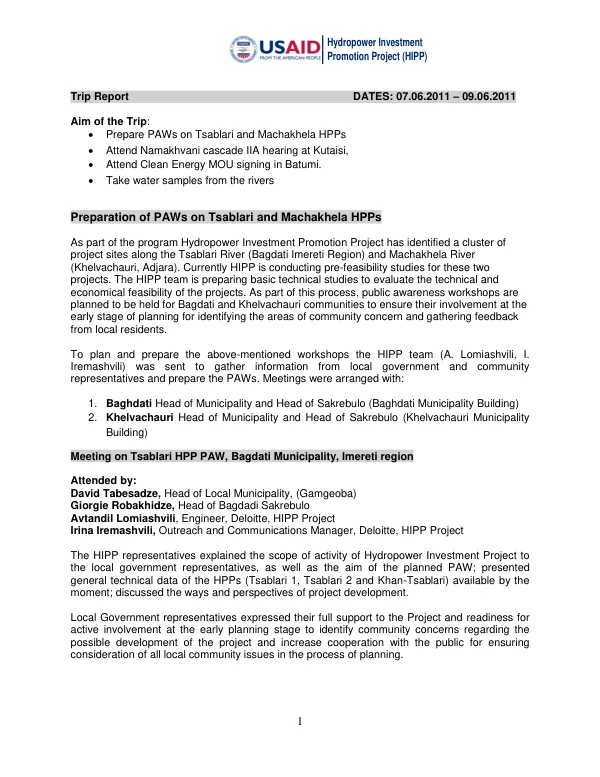 Trip Report: Hydropower Investment Promotion Project (HIPP)
