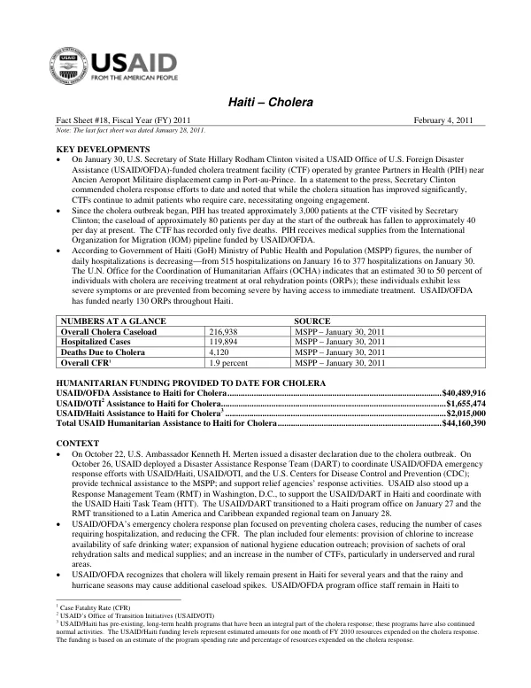 USAID Haiti Cholera Fact Sheet #18