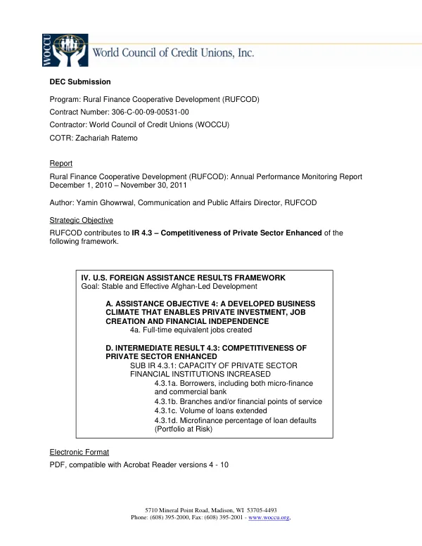 Rural Finance Cooperative Development (RUFCOD): Annual Performance Monitoring Report