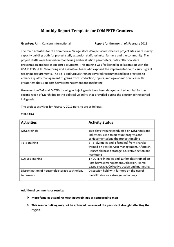 Monthly Report Template for COMPETE Grantees
