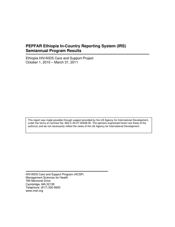 Semiannual Program Results: Ethiopia HIV/AIDS Care and Support Project