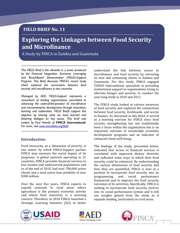 Exploring the Linkages between Food Security and Microfinance: A Study by FINCA in Zambia and Guatemala