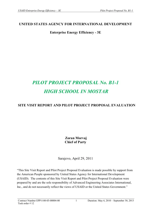 USAID Enterprise Energy Efficiency – 3E Pilot Project Proposal No. B1-1