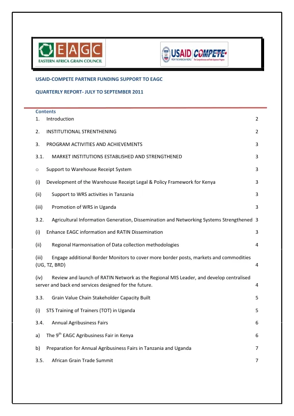 USAID-COMPETE PARTNER FUNDING SUPPORT TO EAGC QUARTERLY REPORT- JULY TO SEPTEMBER 2011