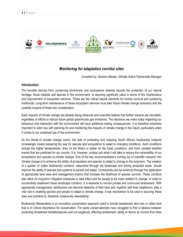 Draft report_monitoring for climate change adaptation corridors_April 2011_revised_AB_cleaned_SM