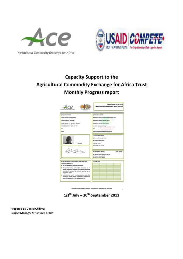 Capacity Support to the Agricultural Commodity Exchange for Africa Trust Quarterly Progress Report July to Sept