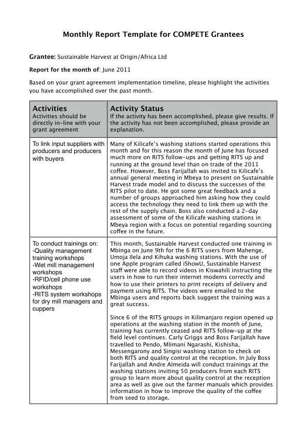 Monthly Report Template for COMPETE Grantees