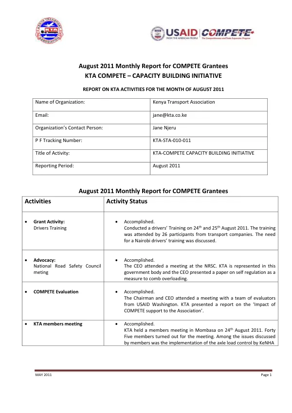 August 2011 Monthly Report for COMPETE Grantees
