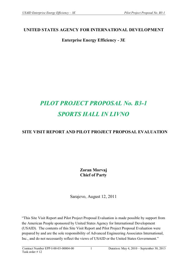 USAID Enterprise Energy Efficiency – 3E Pilot Project Proposal No. B3-1: SPORTS HALL IN LIVNO