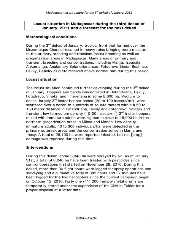 Locust situation in Madagascar during the third dekad of January, 2011 and a forecast for the next dekad