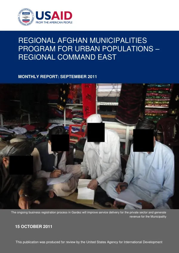 Regional Afghan Municipalities Program for Urban Populations – RC East Monthly Report: September 2011