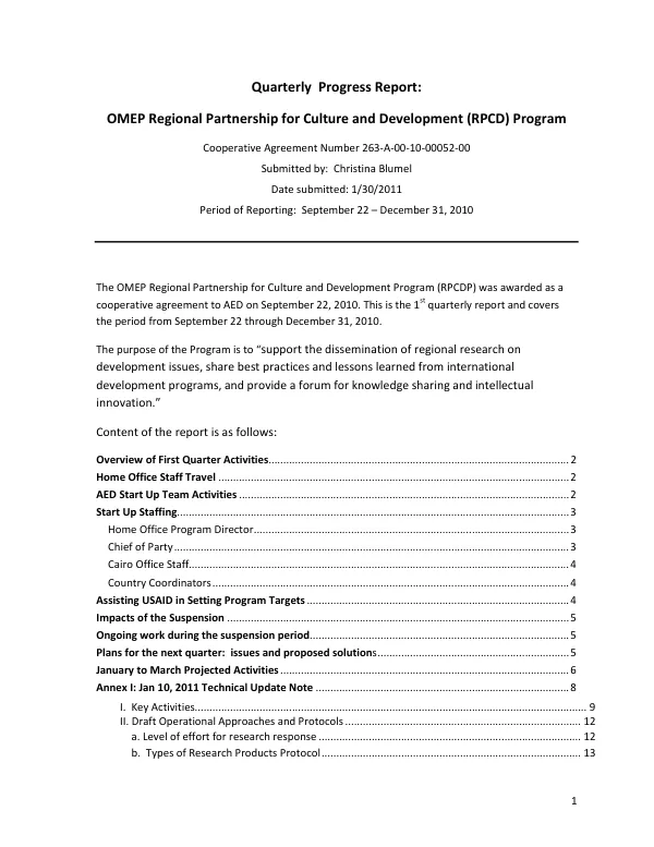 Quarterly Progress Report: OMEP Regional Partnership for Culture and Development (RPCD) Program