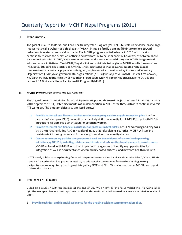 Quarterly Report for MCHIP Nepal Programs (2011)