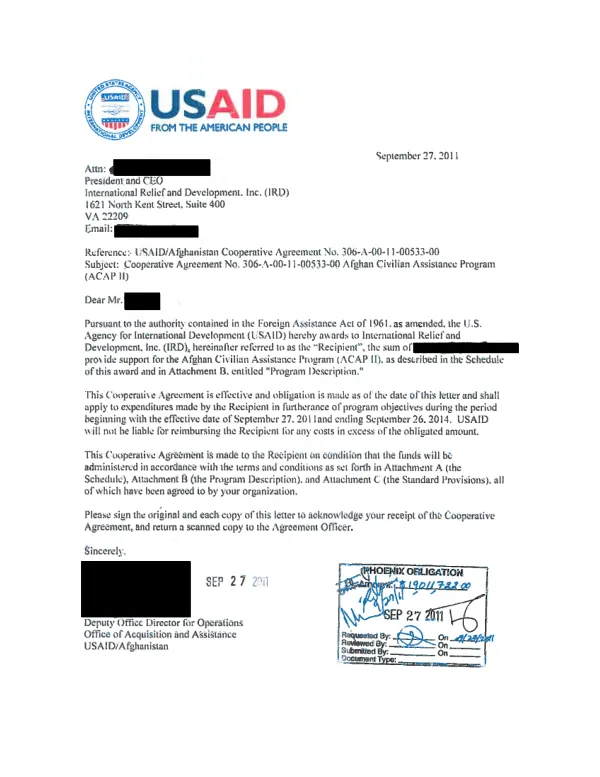 USAID/Afghanistan Cooperative Agreement No. 306-A-00-11-00533-00