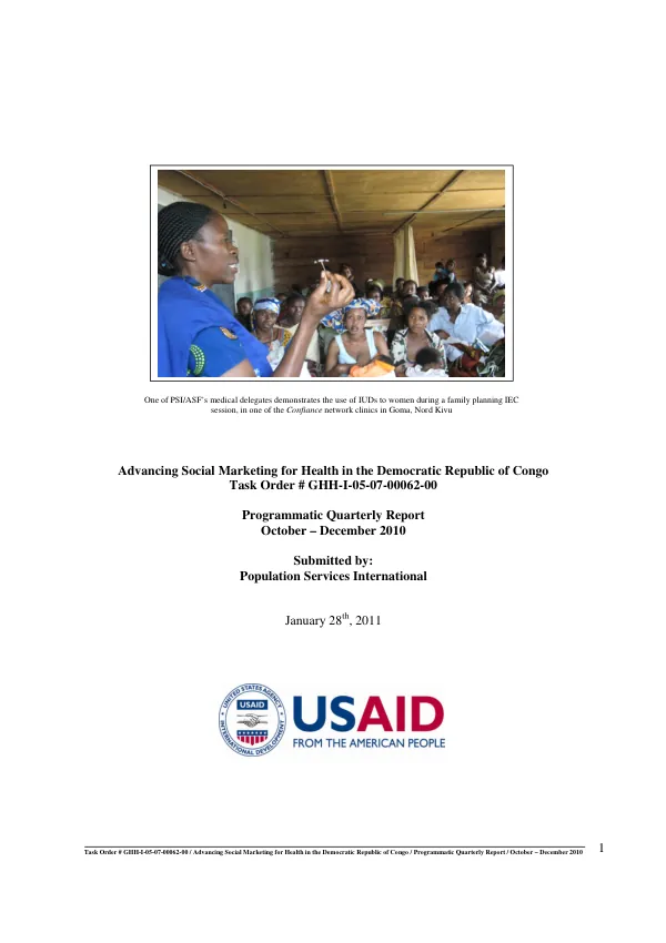 Advancing Social Marketing for Health in the Democratic Republic of Congo: Programmatic Quarterly Report Q1 FY11