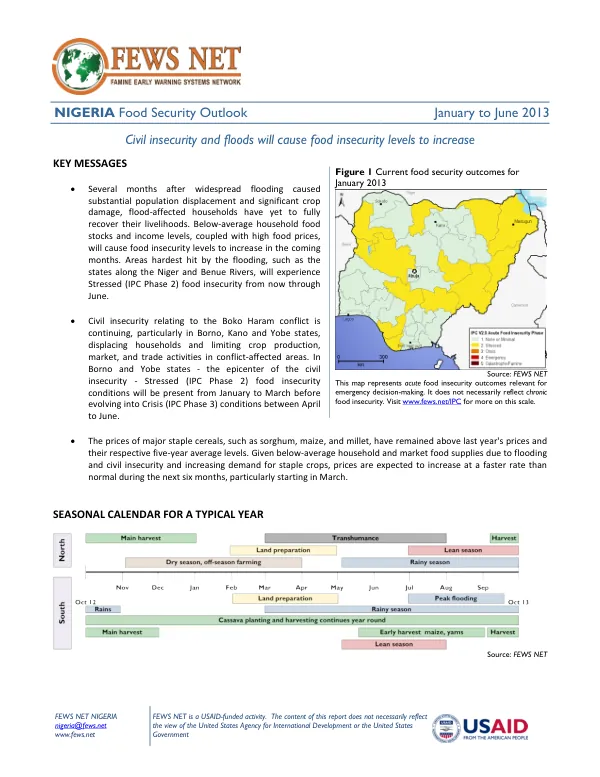 Nigeria food security outlook, January to June 2013