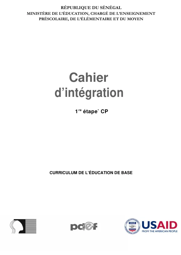 Cahier d'intégration - 1re étape CP