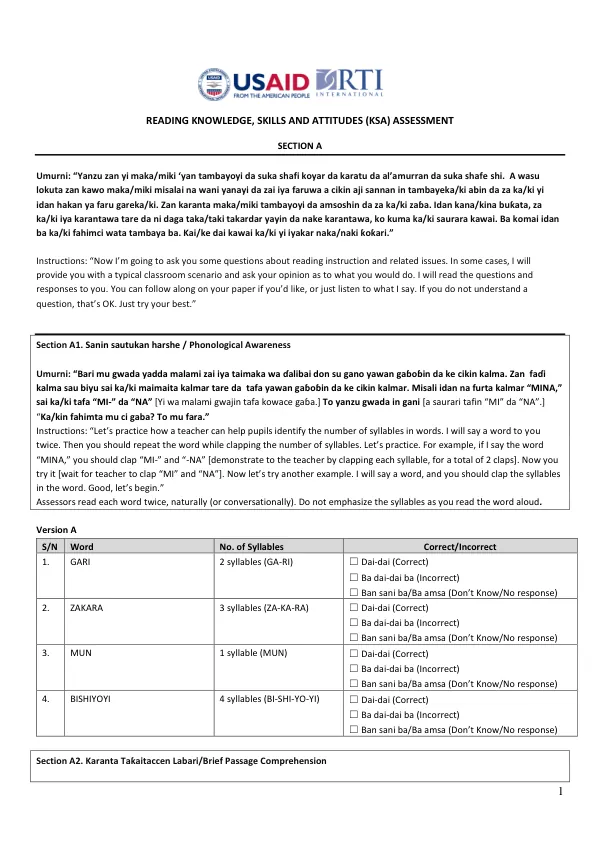 READING KNOWLEDGE, SKILLS AND ATTITUDES (KSA) ASSESSMENT