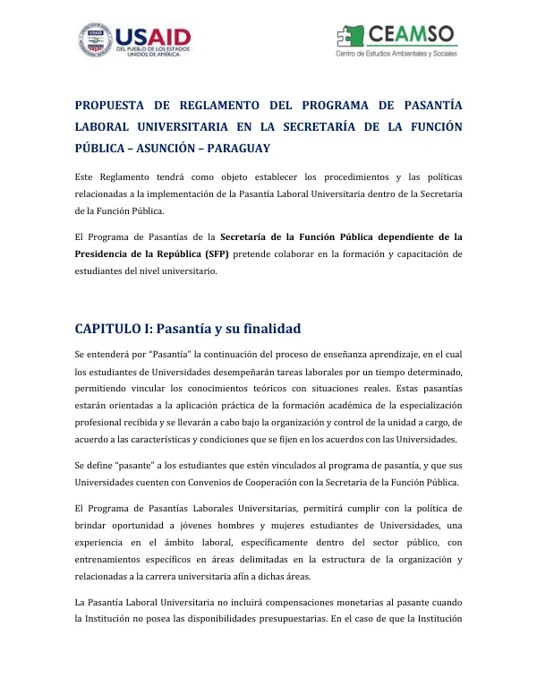 Propuesta de Reglamento del Programa de Pasantía Laboral Universitaria en la Secretaría de la Función Pública – Asunción – Paraguay