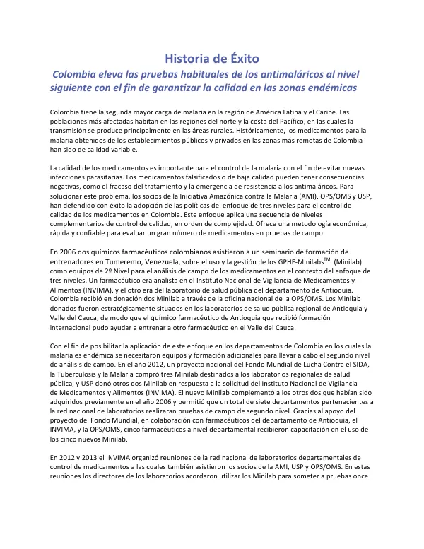 Historia de Éxito: Colombia eleva las pruebas habituales de los antimaláricos al nivel siguiente