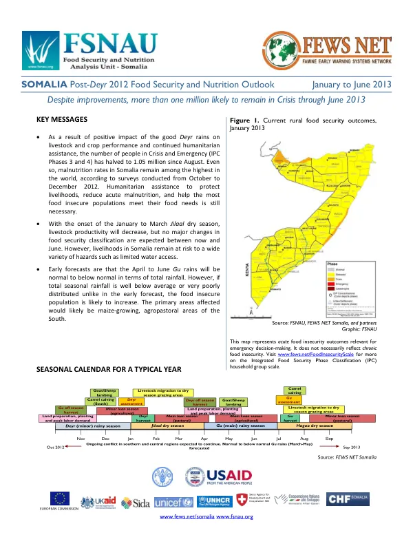 Somalia post-deyr 2012 food security and nutrition outlook, January to June 2013