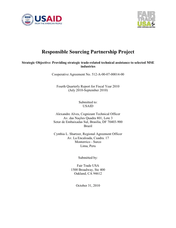 Fourth Quarterly Report for Fiscal Year 2010: Responsible Sourcing Partnership Project