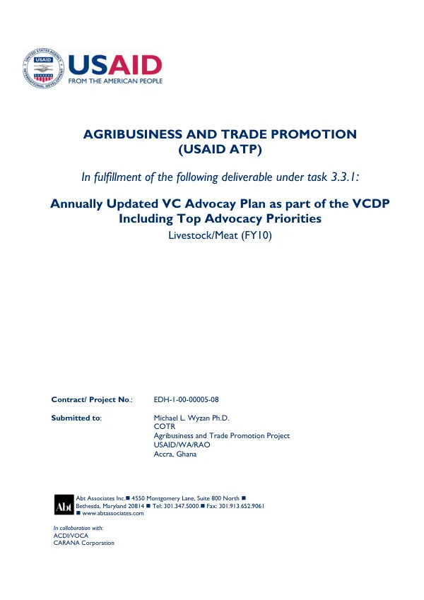 Annually Updated VC Advocay Plan as part of the VCDP Including Top Advocacy Priorities Livestock/Meat (FY10)