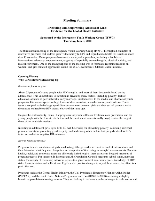 Protecting and Empowering Adolescent Girls: Evidence for the Global Health Initiative. Meeting Summary